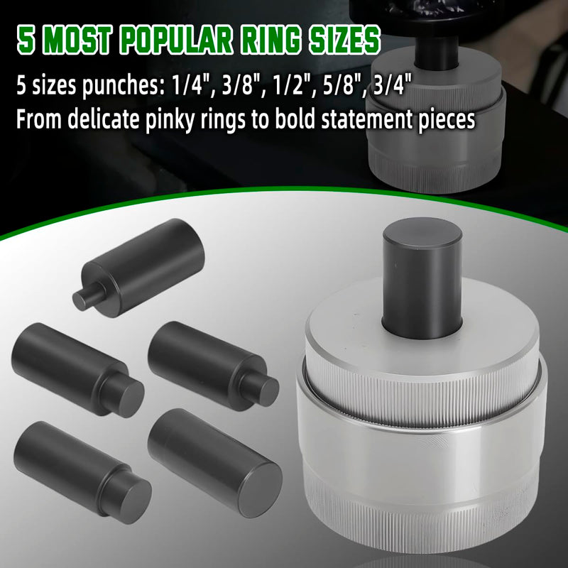 Coin Ring Hole Punch Tool Kit Self-Centering with 5 Punch Sizes No Spacers Hole punch sizes 1/4" 3/8" 1/2" 5/8" 3/4" Coin Ring Making Tools Jewelry Crafting