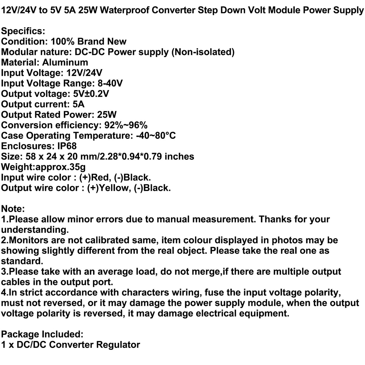 12V/24V to 5V 5A 25W Waterproof Converter Step Down Volt Module Power Supply