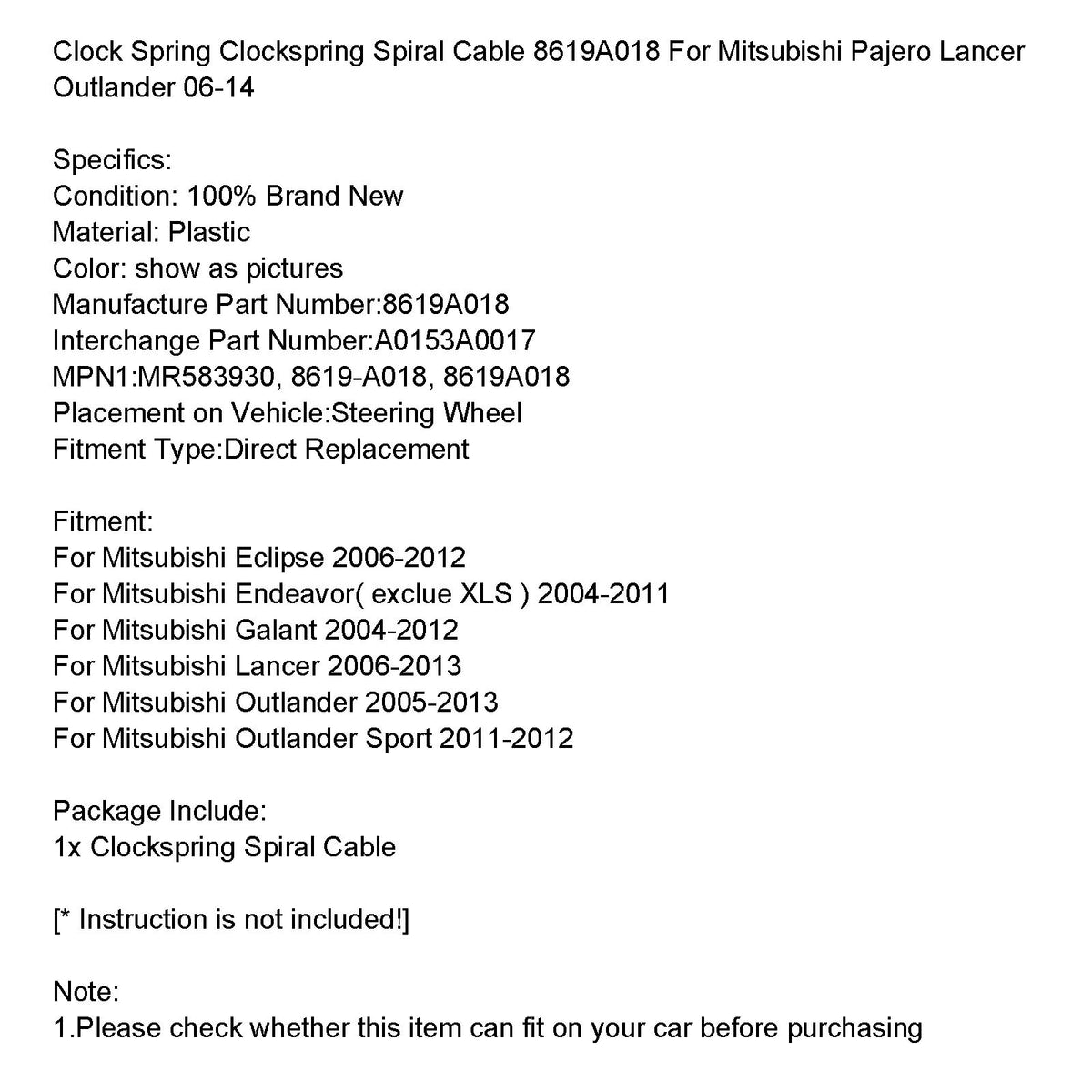 Mitsubishi Pajero Lancer Outlander 2006-2014 Clockspring Spiral Cable 8619A018