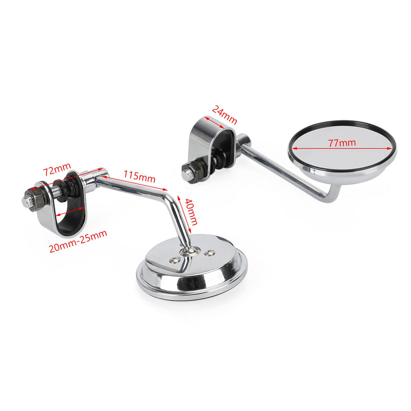 Universal Cafe Racer Short Stem Chrome Clamp on 3" Round Mirror 7/8"- 1" Bar