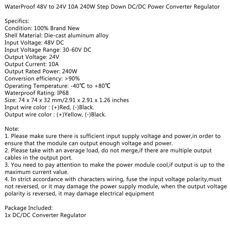 WaterProof 48V to 24V 10A 240W Step Down DC/DC Power Converter Regulator