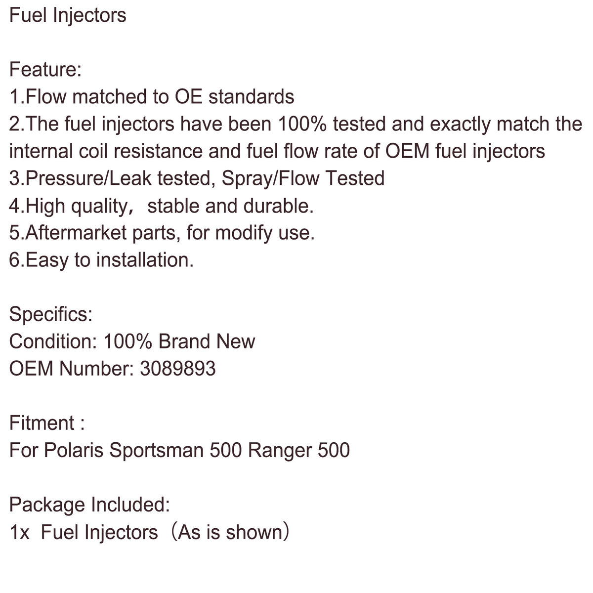 Polaris 3089893 Sportsman 500 Ranger 500 Fuel Injectors