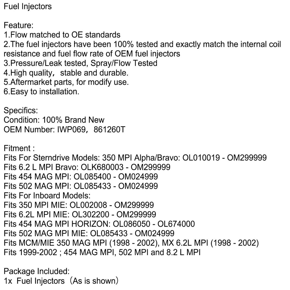 Fiat Marine Mercruiser IWP069 Fuel Injectors 861260T