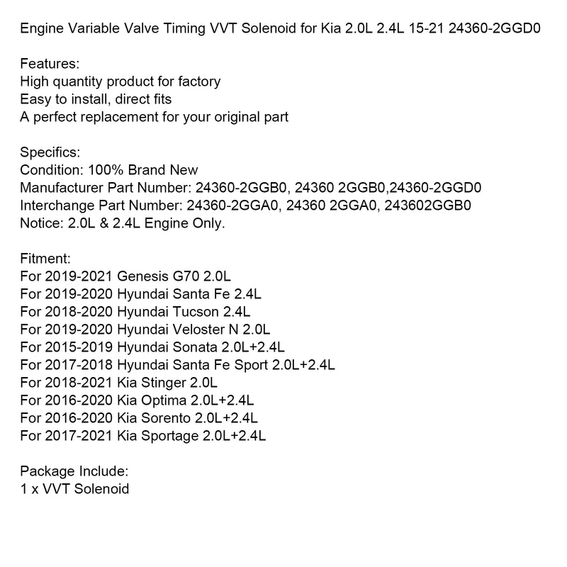 2015-2021 Kia 2.0L 2.4L 24360-2GGD0 Engine Variable Valve Timing VVT Solenoid
