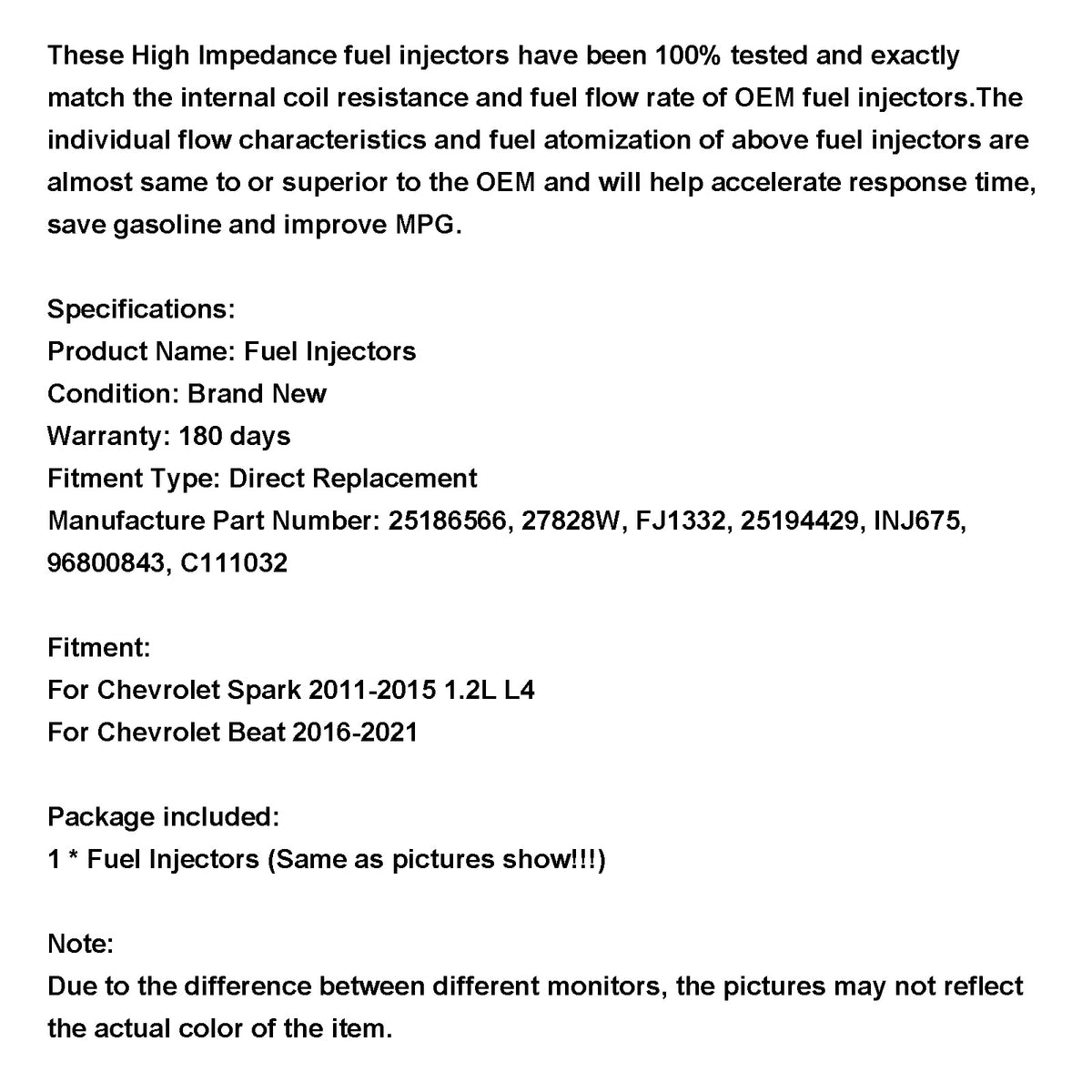 Chevrolet Spark 2011-2015 1.2L L4 INJ675 1PCS Fuel Injectors 96800843