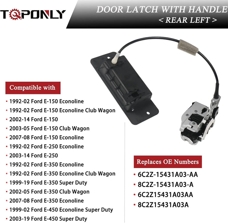 TQPONLY Rear Cargo Door Latch W/Handle,Compatible with 1992-2019 Ford E150 E250 E350 E450 Econoline Club Wagon Super Duty Left Driver Side Replaces 8C2Z-15431A03-A 6C2Z-15431A03-AA