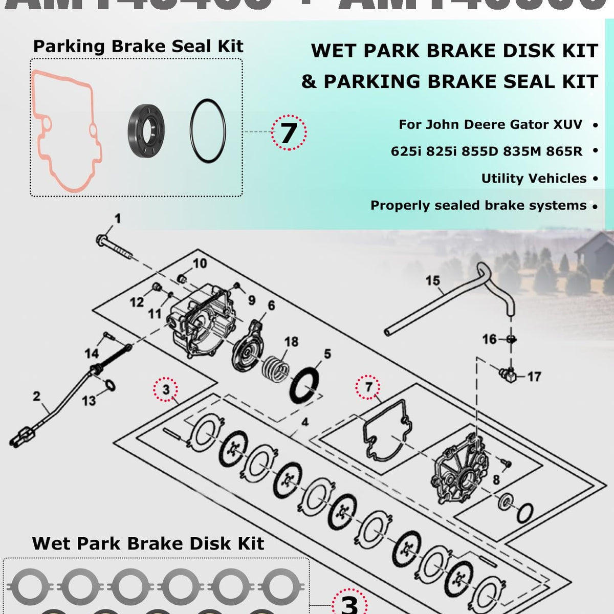 AM148465 Brake Kit Wet Park Brake Disk Kit & AM140806 Parking Brake Seal Kit for John Deere Gator XUV 625i 825i 855D 835M 865R Gator Utility Vehicles Wet Park Brake Disk And Seal Kit