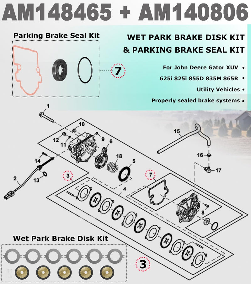 AM148465 Brake Kit Wet Park Brake Disk Kit & AM140806 Parking Brake Seal Kit for John Deere Gator XUV 625i 825i 855D 835M 865R Gator Utility Vehicles Wet Park Brake Disk And Seal Kit