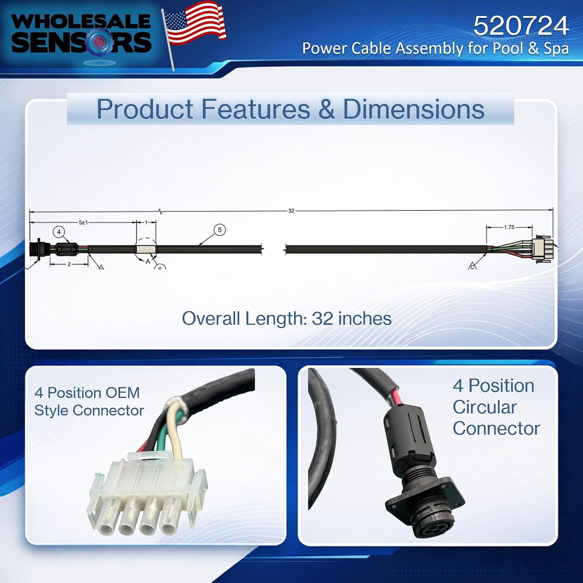 Replacement For Pentair 520724 IntelliChlor Power Cable Made In USA