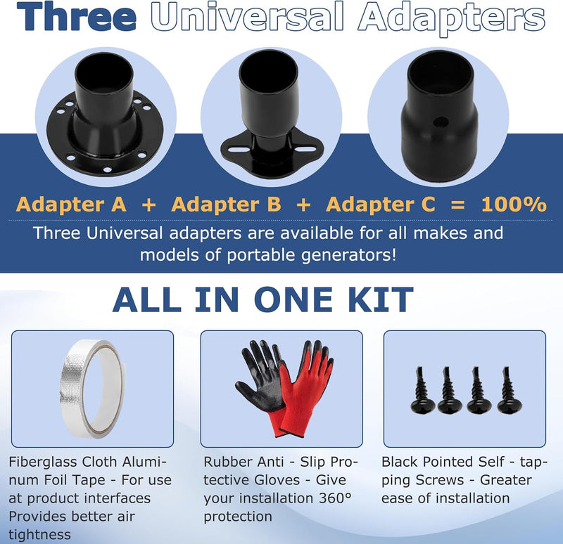Generator Exhaust Extension Kit with Three Adapters, ALL-IN-ONE KIT, Insulated Wall Plate, Compatible with All Portable Generators, Reduces Noise by 55% with Superior Silencing Grille