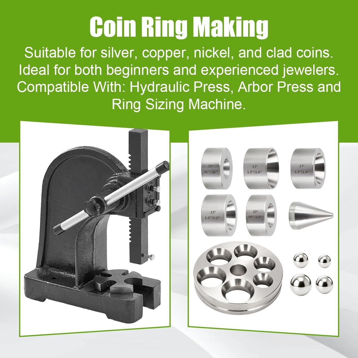 Coin Ring Making Tool with Reducing Plate, Reduction Die Set & Folding Cone Includes Extra Large Depressions Reducing Plate with Balls & 17 Degree Fold Over Cone Kit for Jewelry Ring Making