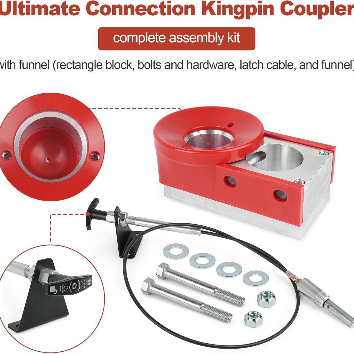 Ultimate 5th Wheel Connection Kingpin Coupler Block for Andersen Hitches Complete Assembly with Funnel (rectangle block, bolts and hardware, latch cable)-3246