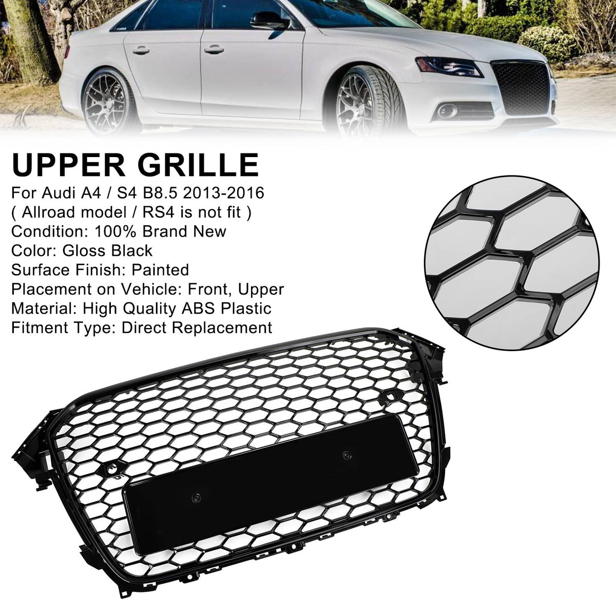 Audi A4 S4 2013-2016 Gloss Black RS4 Style Mesh Front Bumper Grille Grill