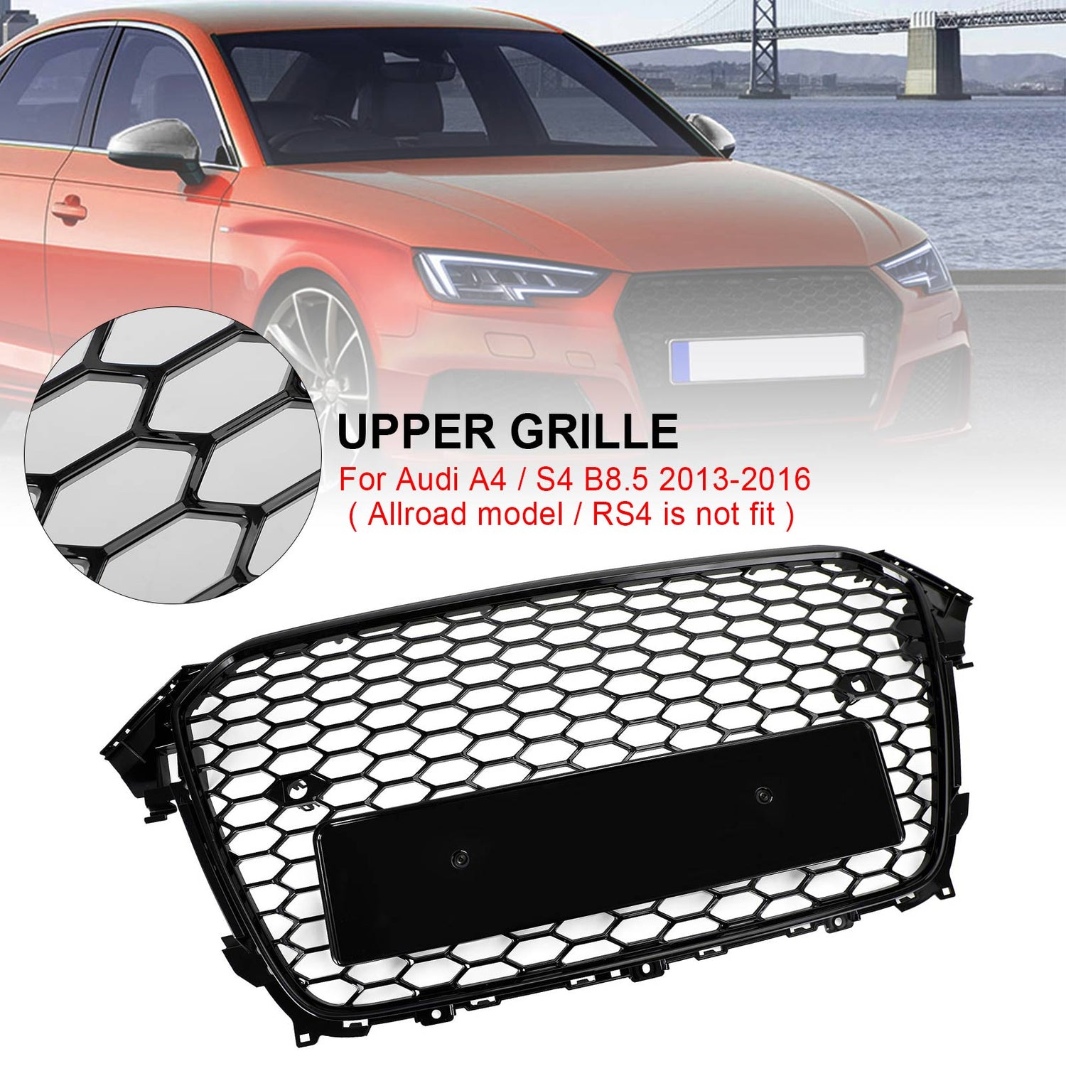 2013-2016 Audi A4 S4 Gloss Black RS4 Style Mesh Front Bumper Grille Grill