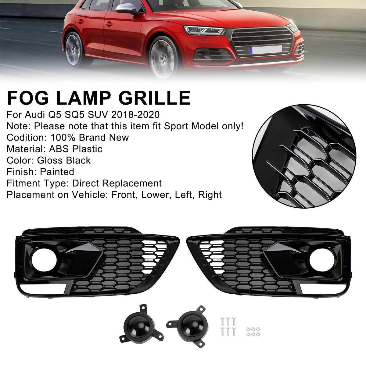 2018-2020 Audi Q5 SQ5 To RSQ5 Black Front Honeycomb Fog Lamp Grilles Cover