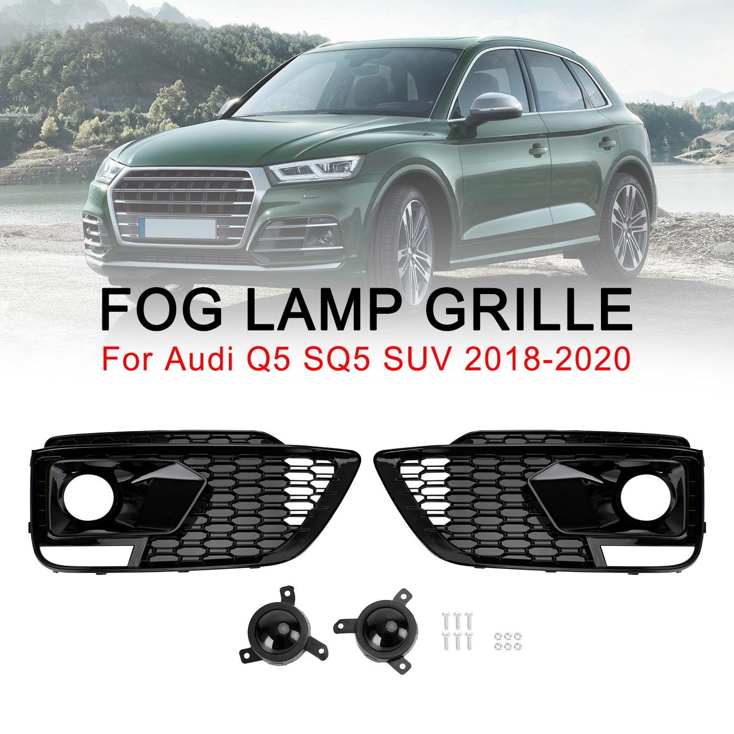 2018-2020 Audi Q5 SQ5 To RSQ5 Black Front Honeycomb Fog Lamp Grilles Cover