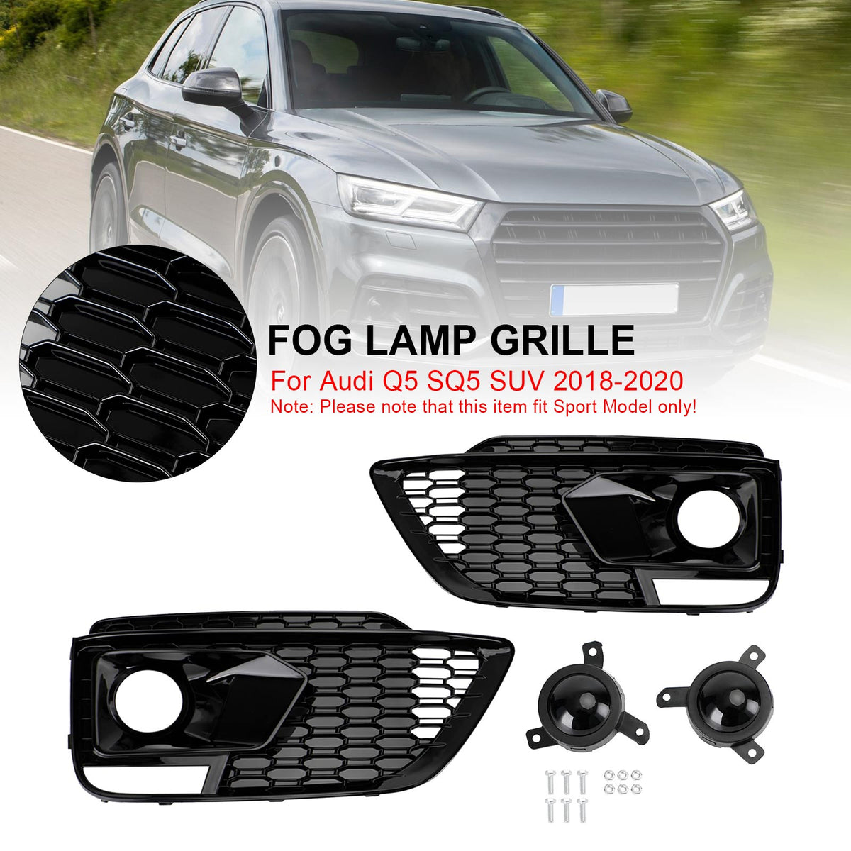 2018-2020 Audi Q5 SQ5 To RSQ5 Black Front Honeycomb Fog Lamp Grilles Cover