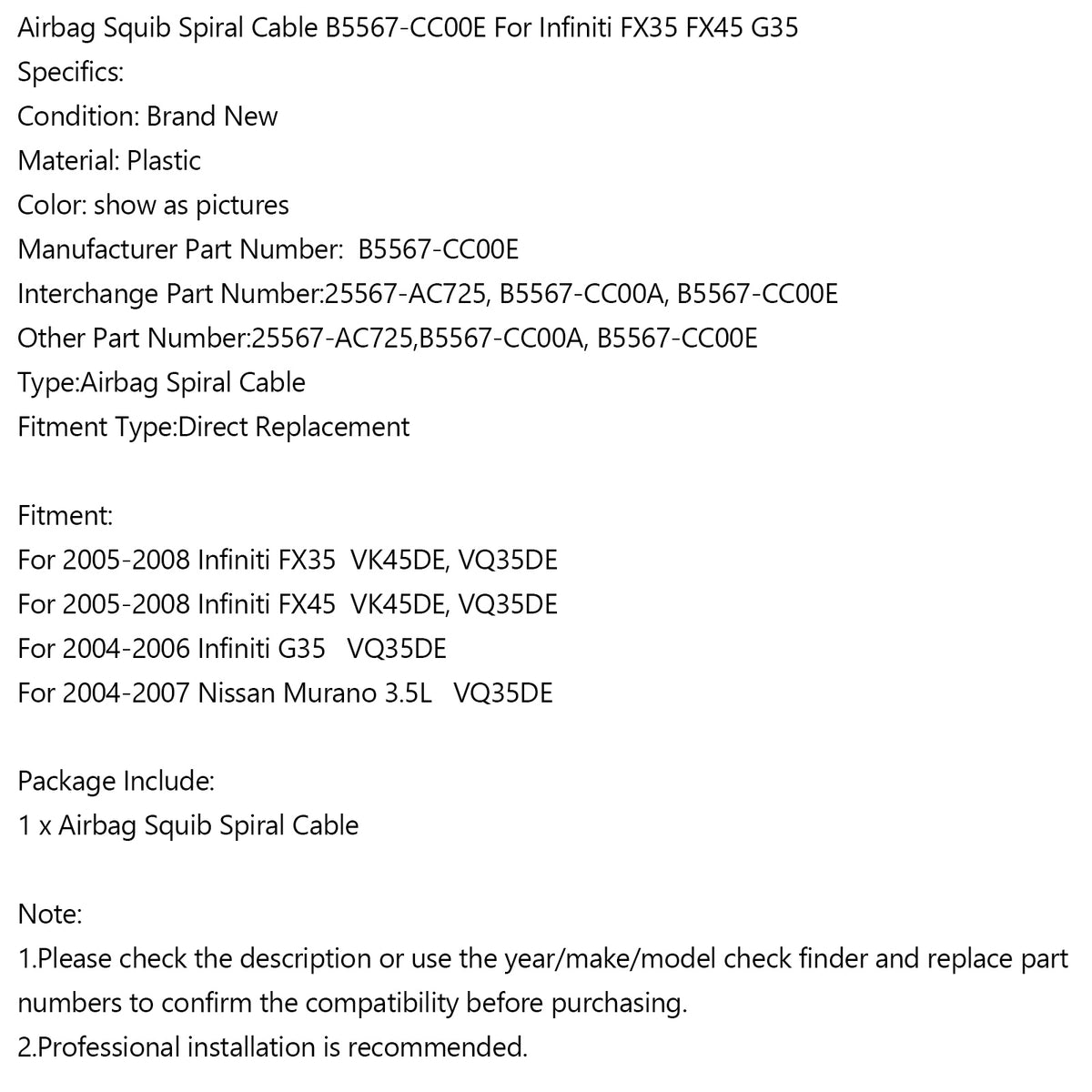 Infiniti FX35 FX45 G35 Airbag Squib Spiral Cable
