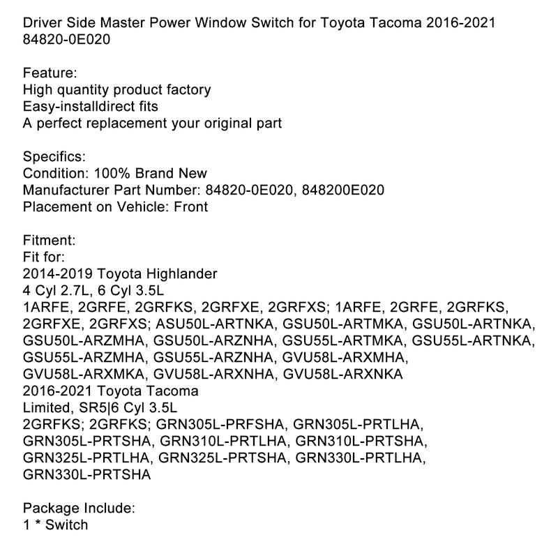 2016-2021 Toyota Tacoma 84820-0E020 Driver Side Master Power Window Switch