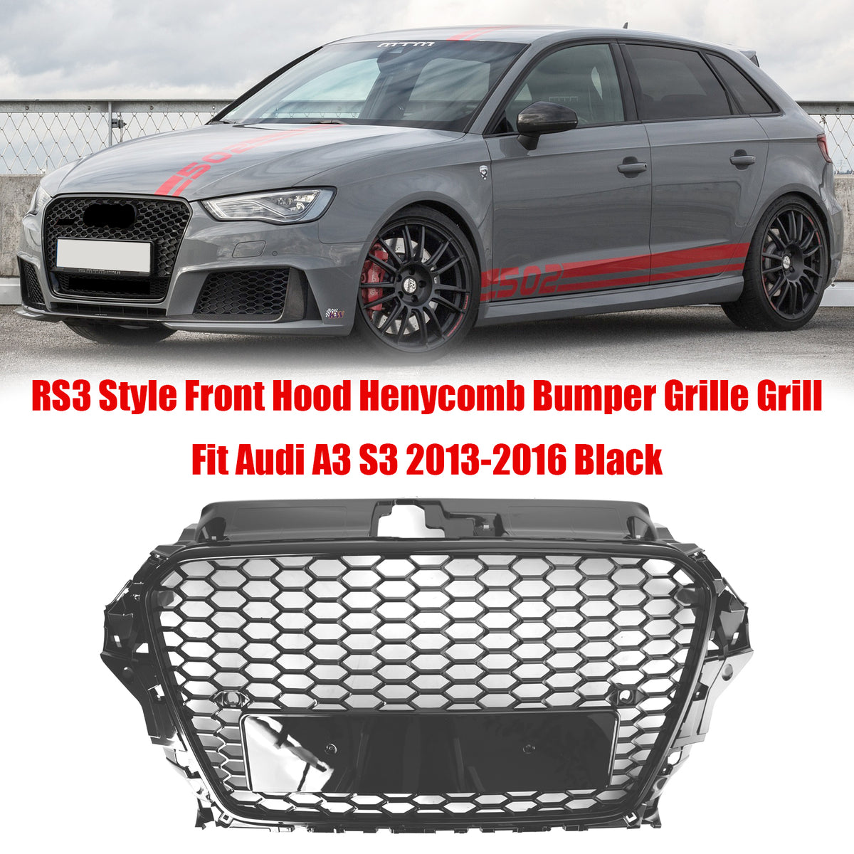 Audi A3 S3 2013-2016 Black RS3 Style Front Hood Henycomb Bumper Grille Grill