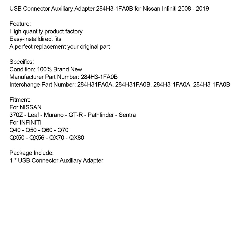 2008-2019 Nissan Infiniti USB Connector Auxiliary Adapter 284H3-1FA0B