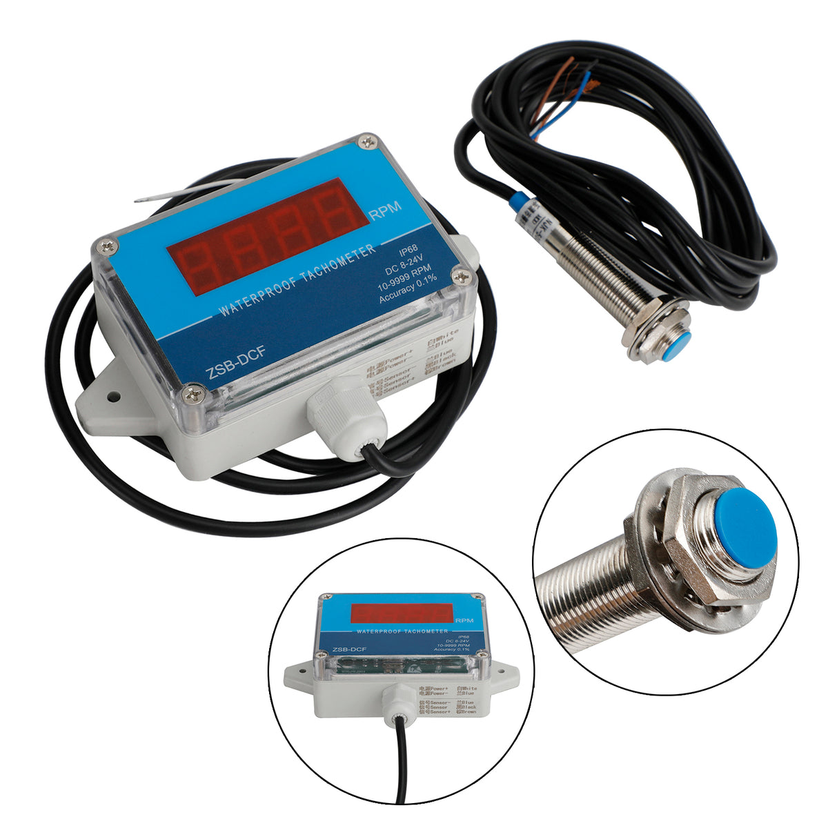 DC 8-24V IP68 Waterproof Hall Tachometer Digital LED Motor Speed Meter Tester