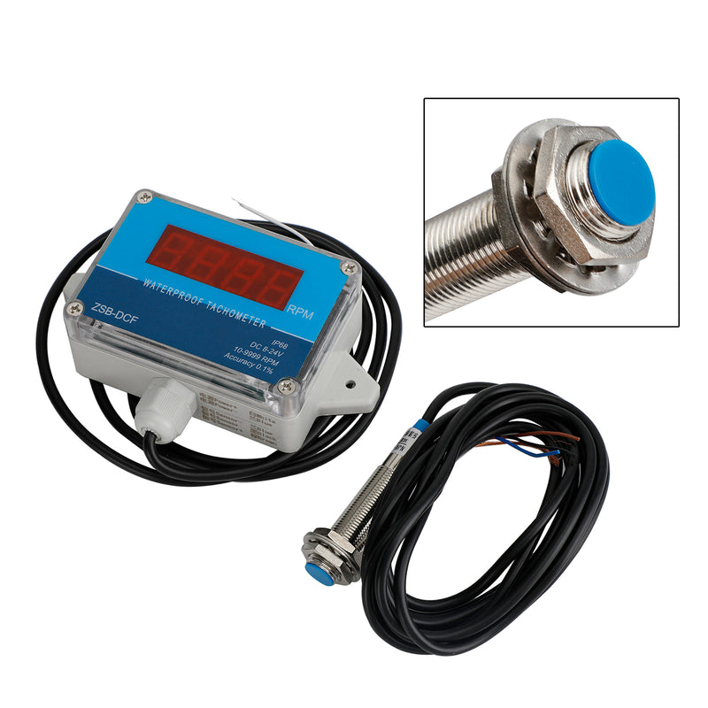DC 8-24V IP68 Waterproof Hall Tachometer Digital LED Motor Speed Meter Tester