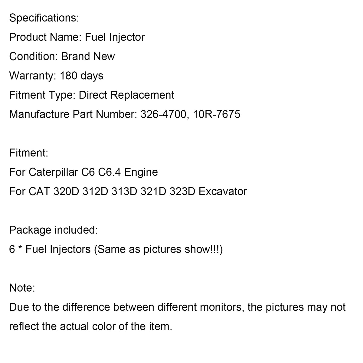 Caterpillar C6 C6.4 Fit CAT 320D Excavator 6PCS Fuel Injectors 3264700