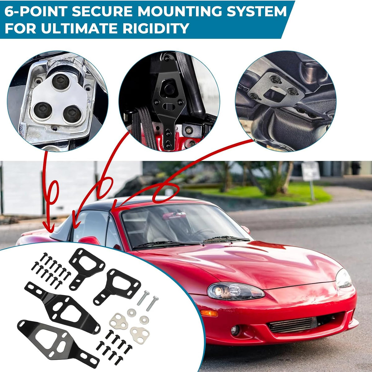 Hardtop Mount Bracket Kit for 1990-2005 Mazda MX-5 Miata NA NB 6-Point Mounting Design, Black Finish, Installation Hardware Included