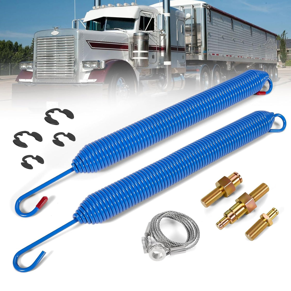 2pcs Hood Springs Cable kit Fit for Peterbilt 357, 377 & 379 Series (1987-2008) Trucks - Replace 13-03761, 13-03663, L92-6000-0718, 13-04638, 13-03662 with Stud Bolts w/Retaining Rings
