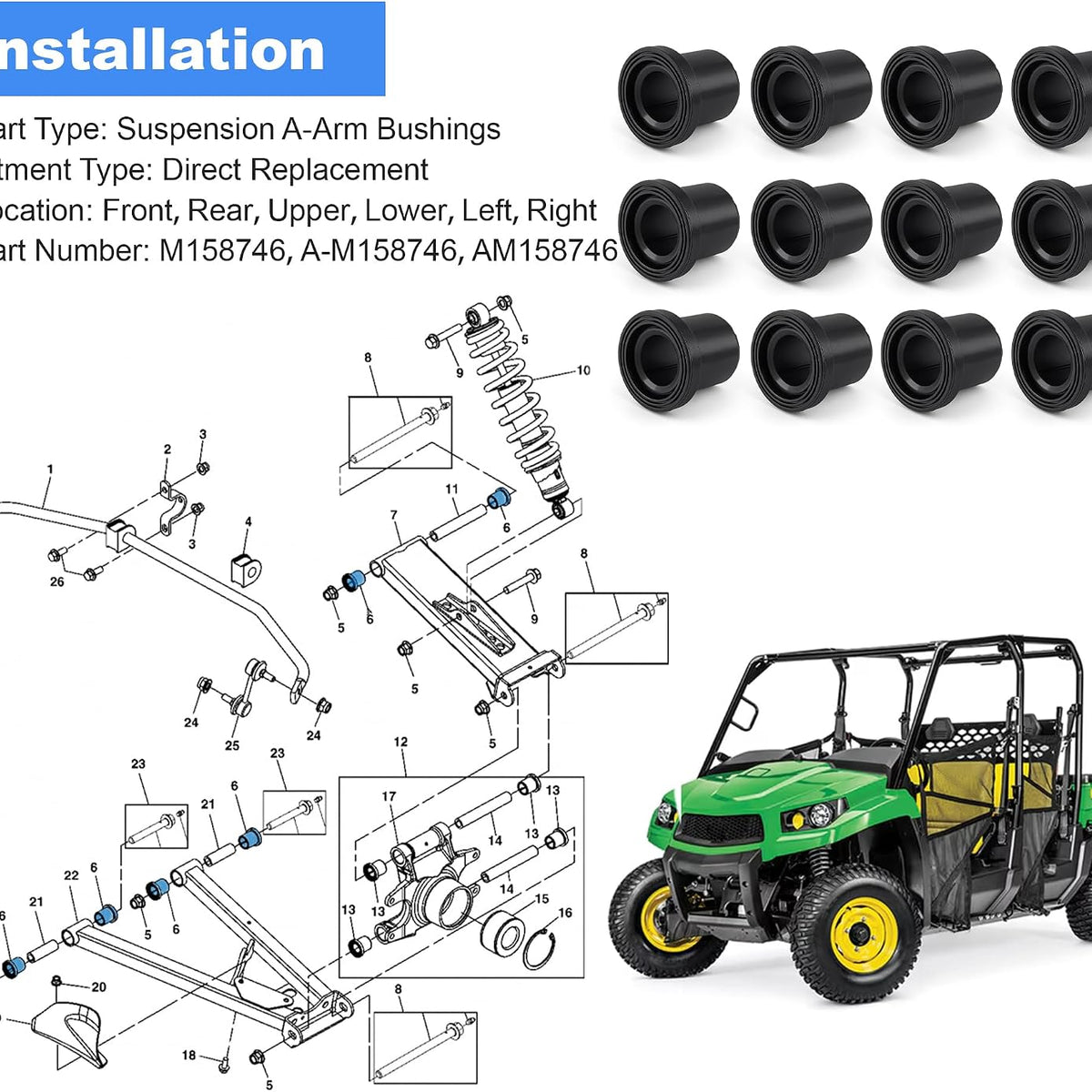 Suspension A-Arm Bushings M158746 AM158746 for John Deere Gator Set of 12, Fits XUV 625i 825i 855D 4x4 5E 6E 6D Series Utility Tractors