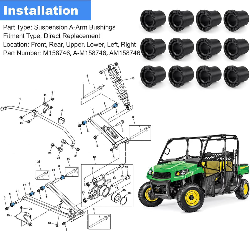 Suspension A-Arm Bushings M158746 AM158746 for John Deere Gator Set of 12, Fits XUV 625i 825i 855D 4x4 5E 6E 6D Series Utility Tractors