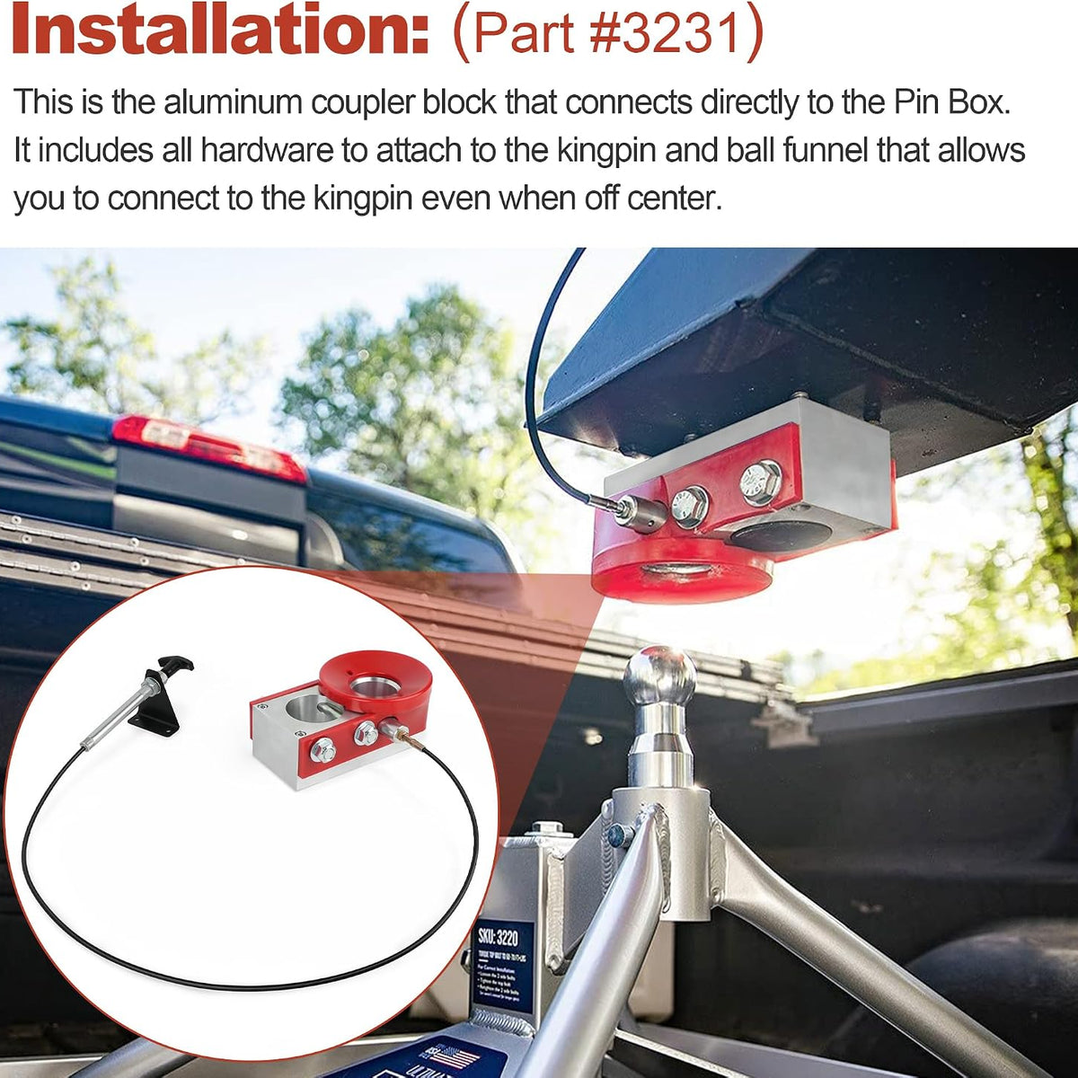 Ultimate 5th Wheel Connection Kingpin Coupler Block for Andersen Hitches Complete Assembly with Funnel (rectangle block, bolts and hardware, latch cable)-3246
