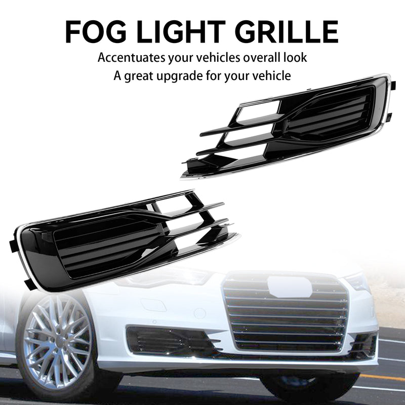 2014-2018 Audi A6 C7 Black Chrome Pair Front Bumper Foglight Cover Grill