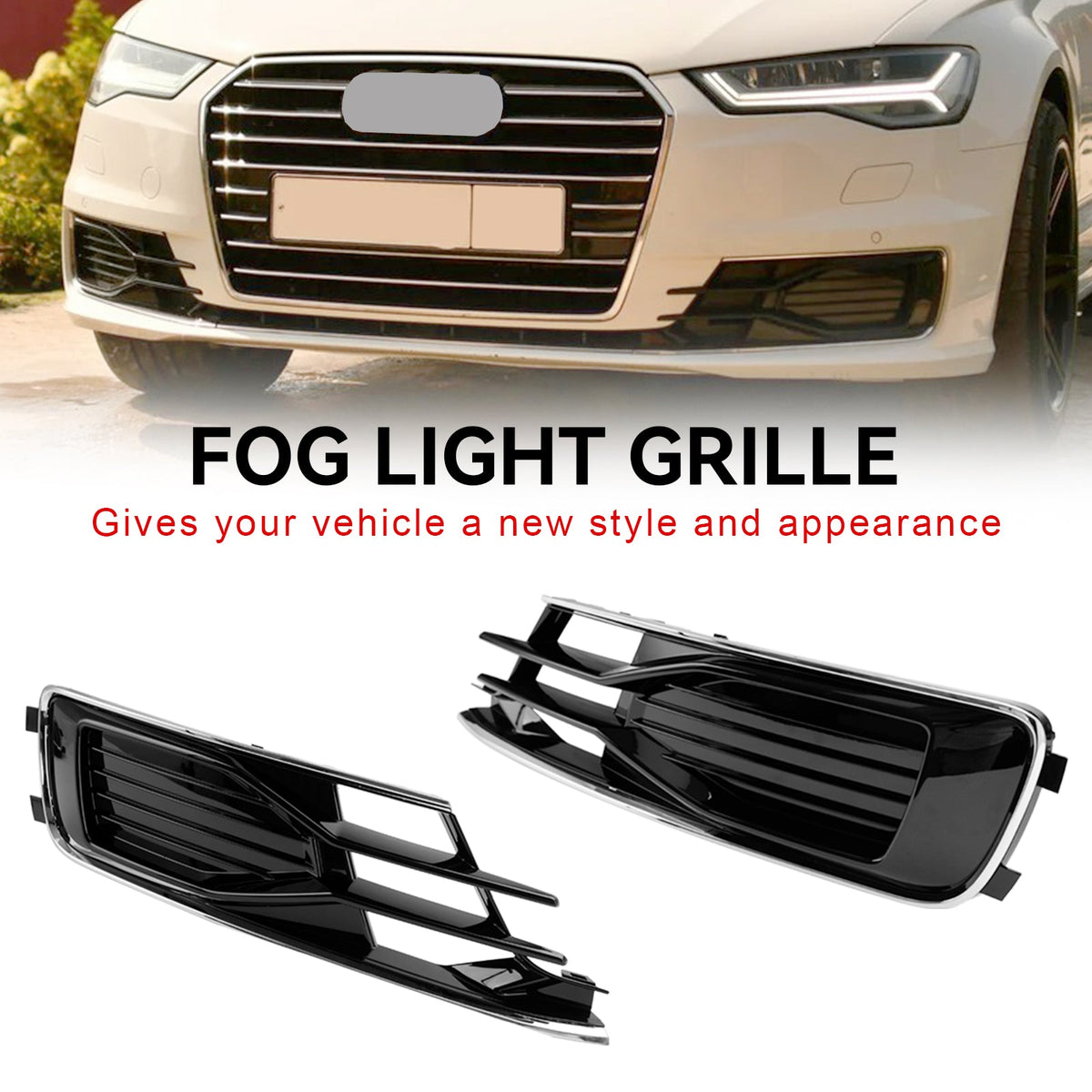 2014-2018 Audi A6 C7 Black Chrome Pair Front Bumper Foglight Cover Grill