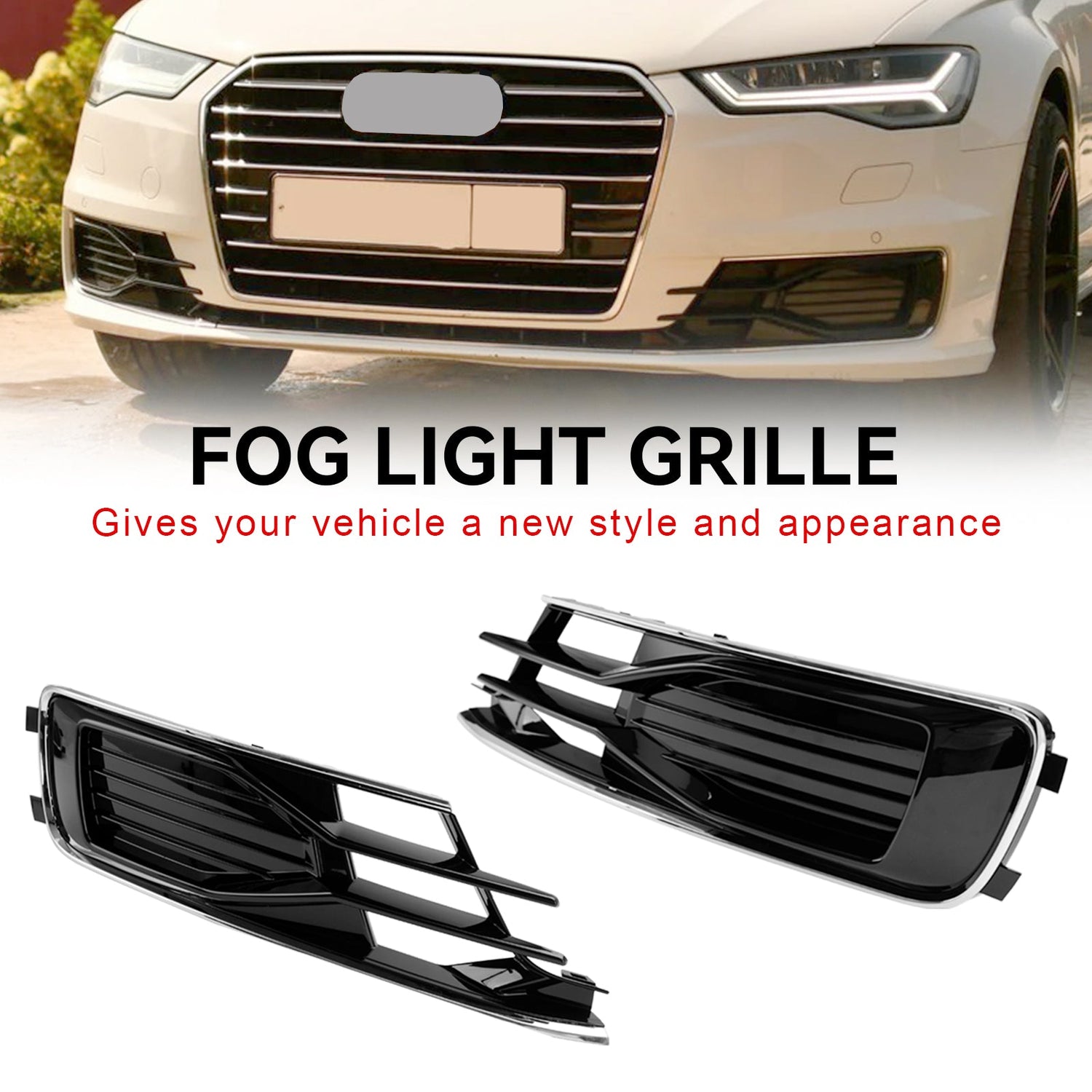 Audi A6 C7 2014-2018 Black Chrome Pair Front Bumper Foglight Cover Grill
