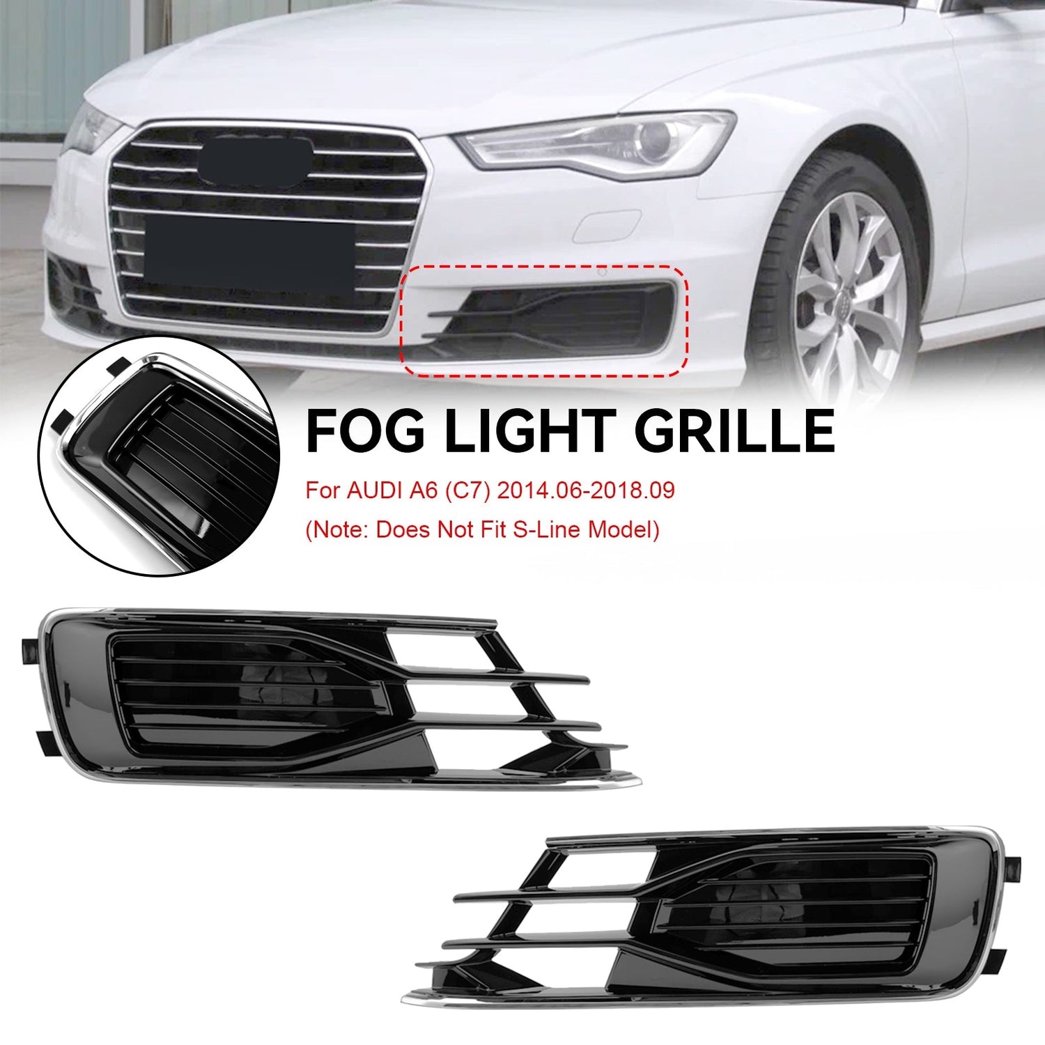 2014-2018 Audi A6 C7 Black Chrome Pair Front Bumper Foglight Cover Grill