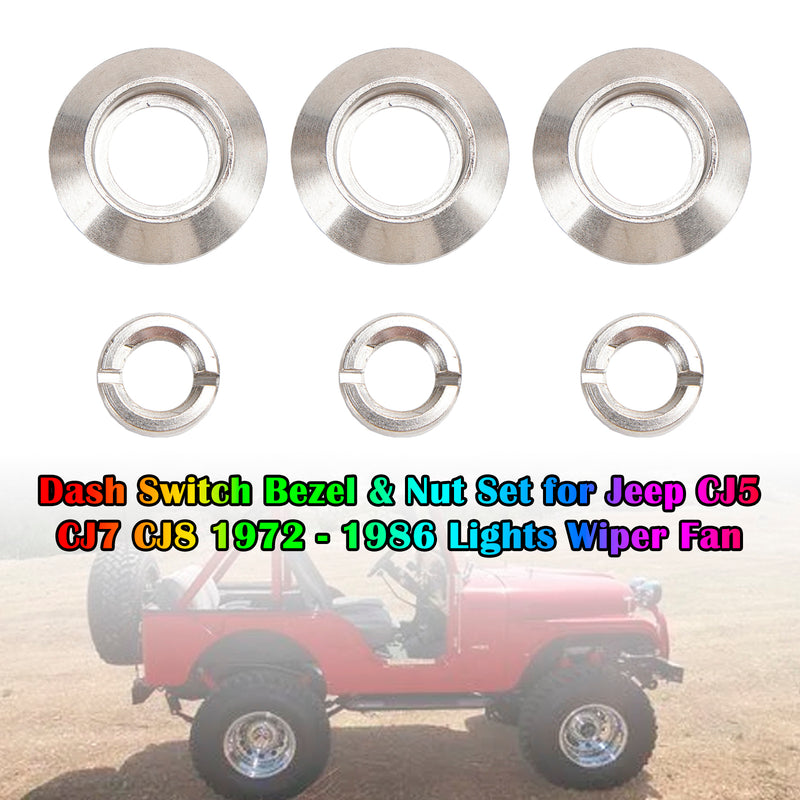 1972-1986 Jeep CJ5 CJ7 CJ8 Lights Wiper Fan Dash Switch Bezel & Nut Set