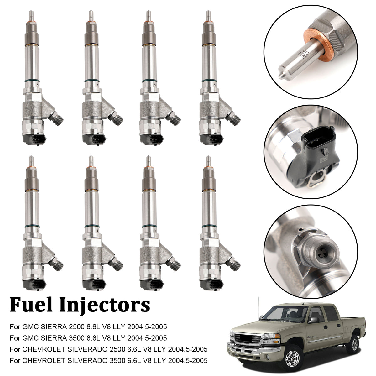 GMC Fit Chevy 6.6L Duramax LLY 2004.5-2005 8PCS Fuel Injector 0986435504