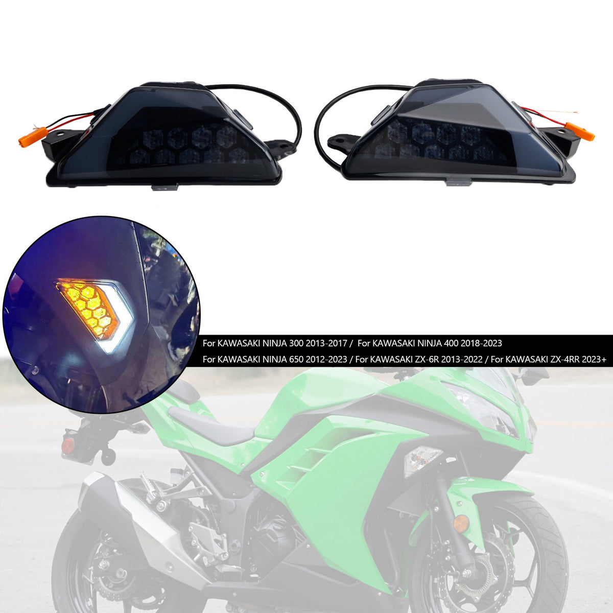 KAWASAKI NINJA 300 400 650 ZX-6R ZX-4RR 2013+ Black LED Front Turn Signal Light