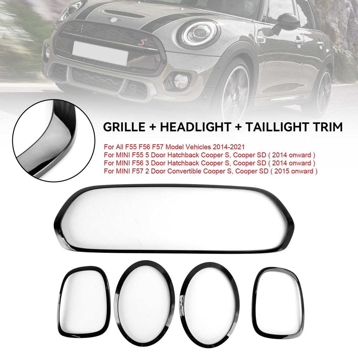 2014-2021 Mini Cooper F55 F56 F57 Black Grill + Headlight + Taillight Trim 51137449207