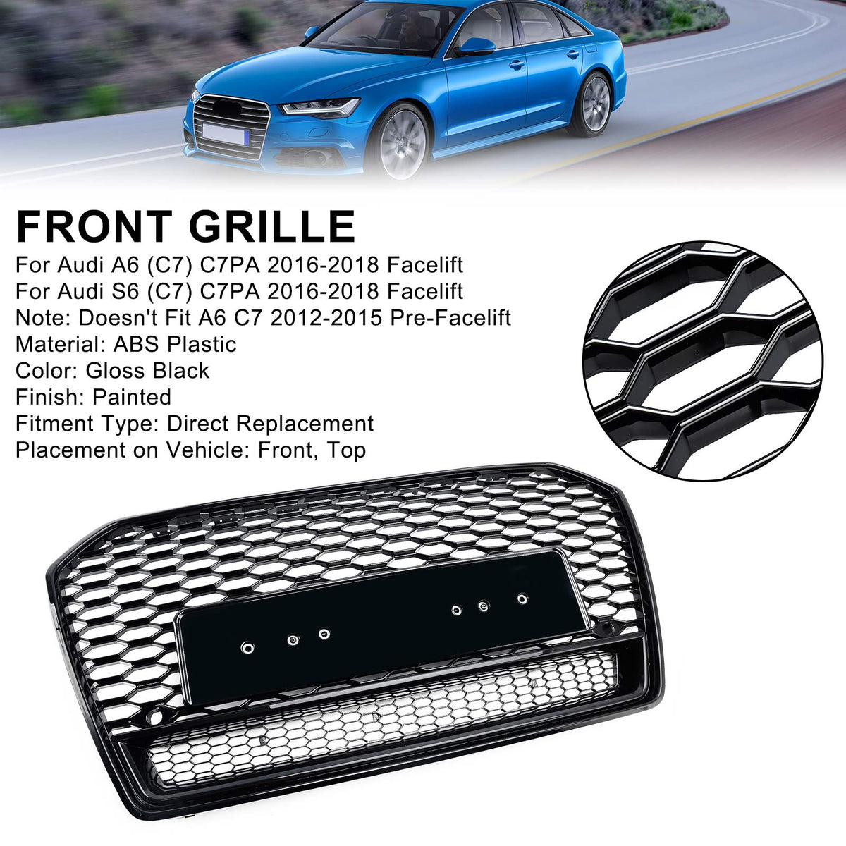 2016-2018 Audi A6 S6 C7 Black RS6 Style Honeycomb Mesh Front Grill