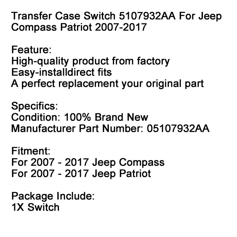 2007-2017 Jeep Compass Patriot Transfer Case Switch 5107932AA