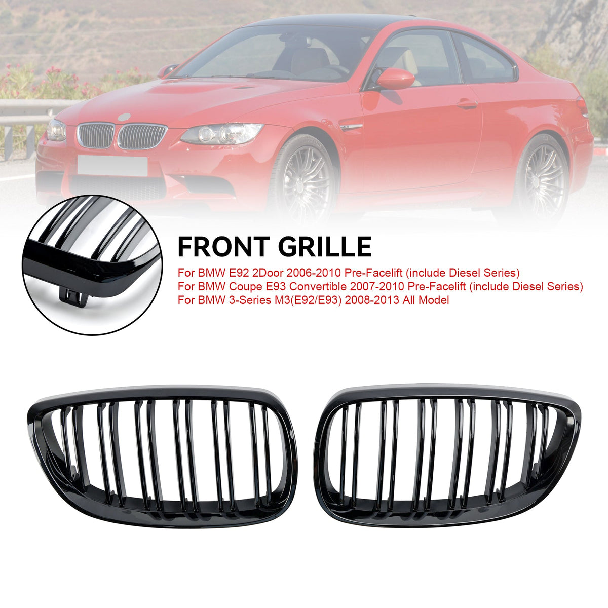 BMW E92 E93 328i 335i 2006-2010 2DR Gloss Black Front Kidney Grill 51137157277 51137157278