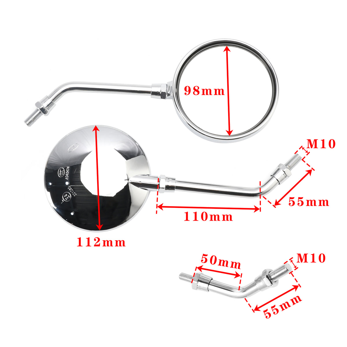 Kawasaki Z1 Z2 Style Pair Chrome Motorcycle Mirrors-Long & Short Stem 10mm