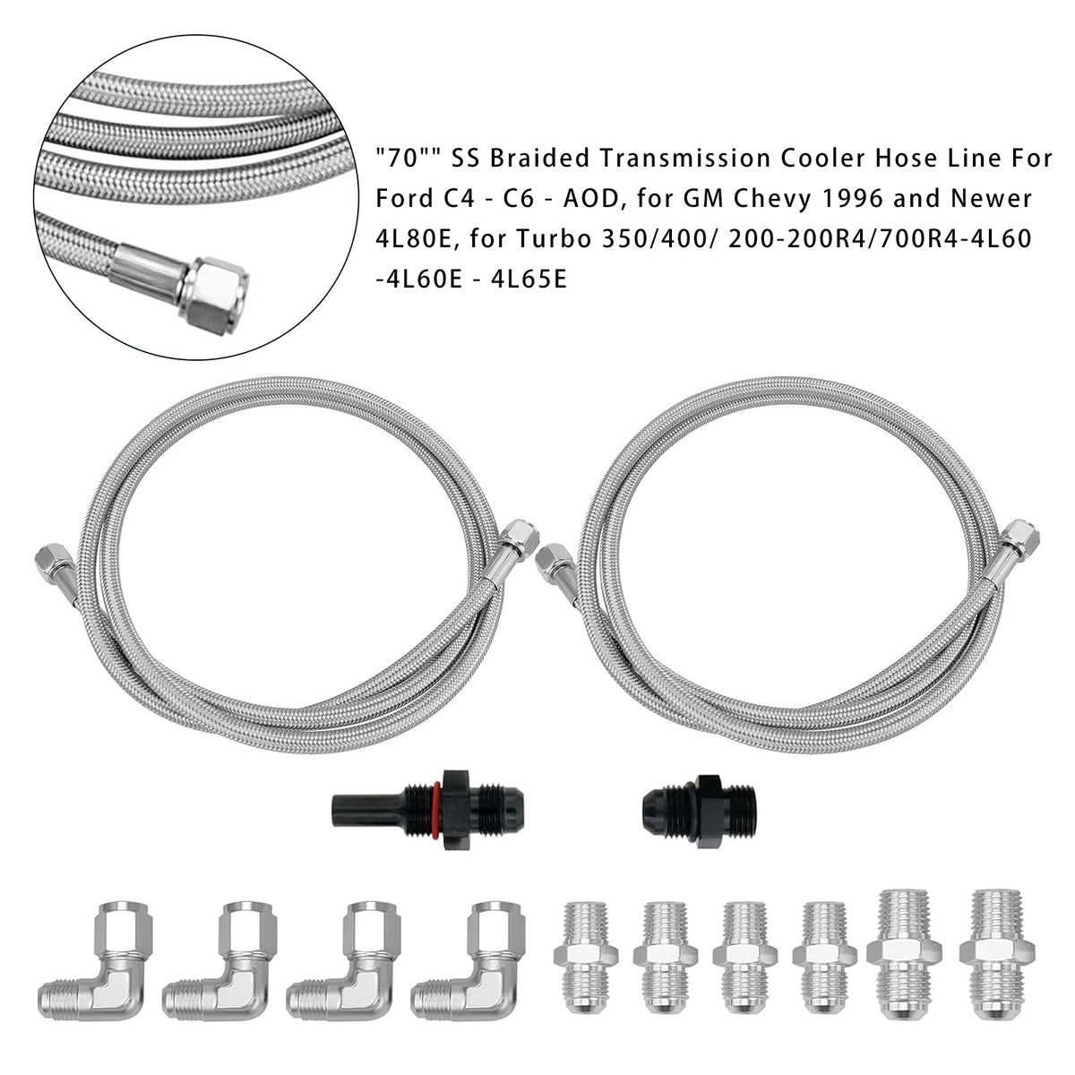 70" SS Braided Transmission Cooler Hose Line For Turbo 700R4-4L60-4L60E-4L65E