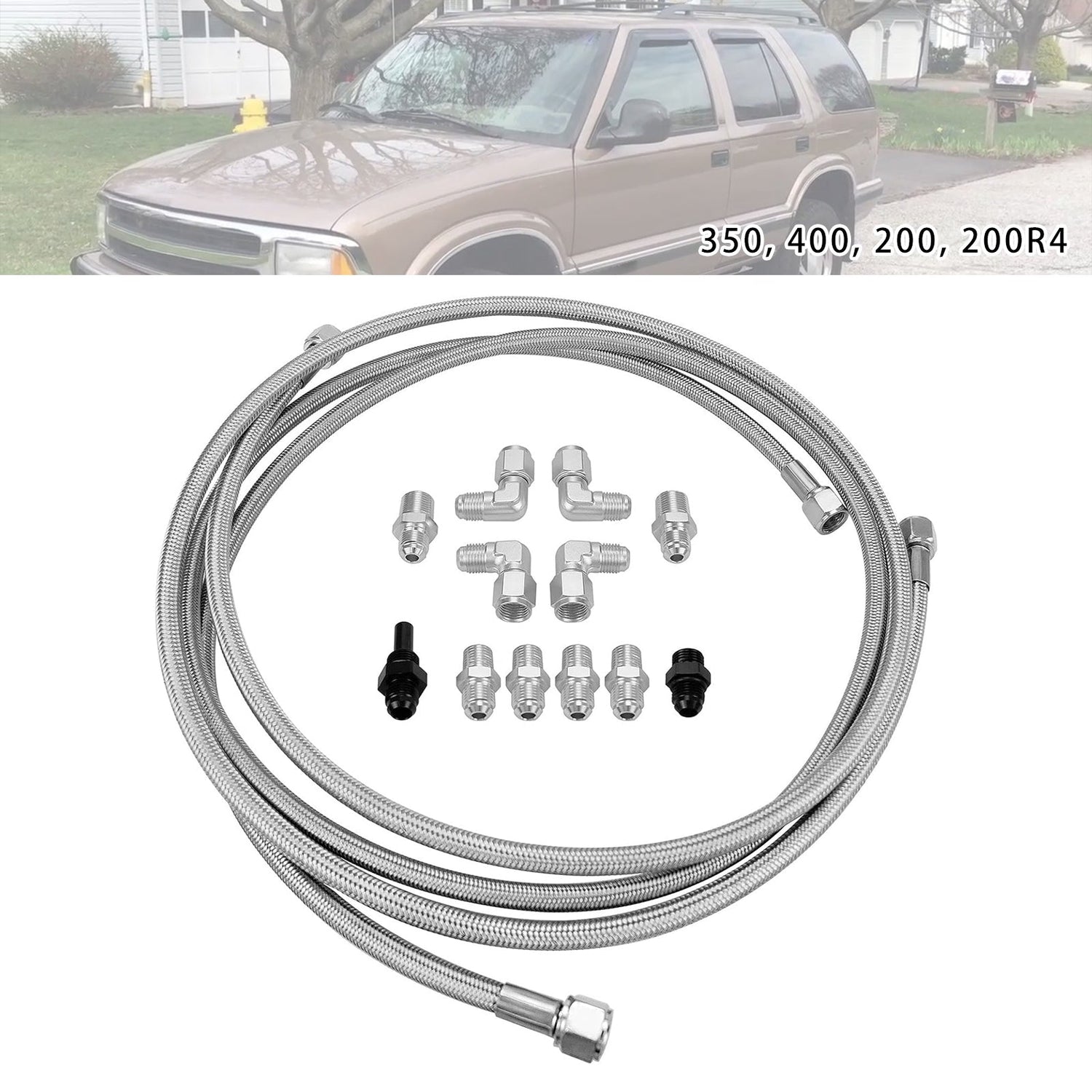 70" SS Braided Transmission Cooler Hose Line For Turbo 700R4-4L60-4L60E-4L65E